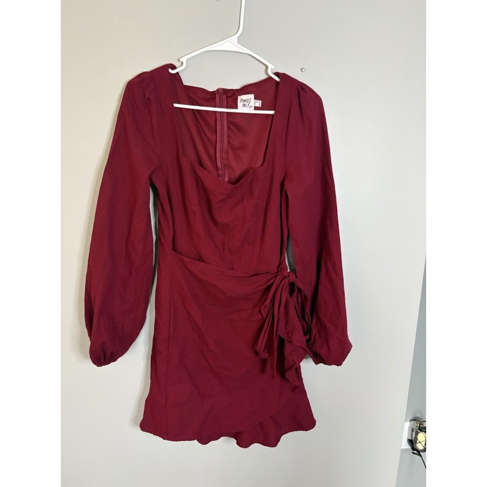 Princess Polly Burgundy Villa Long Sleeve Ruffle Mini Faux Wrap Dress size 10